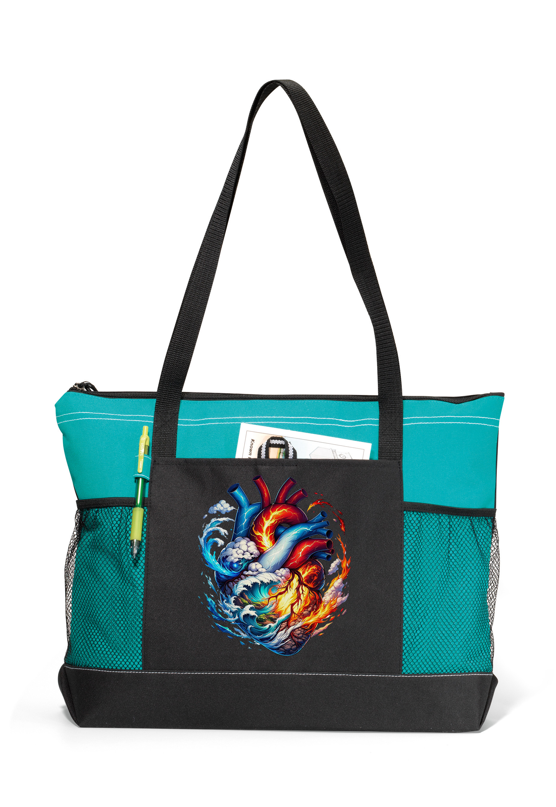 Elemental Heart Zippered Tote Bag Turquoise
