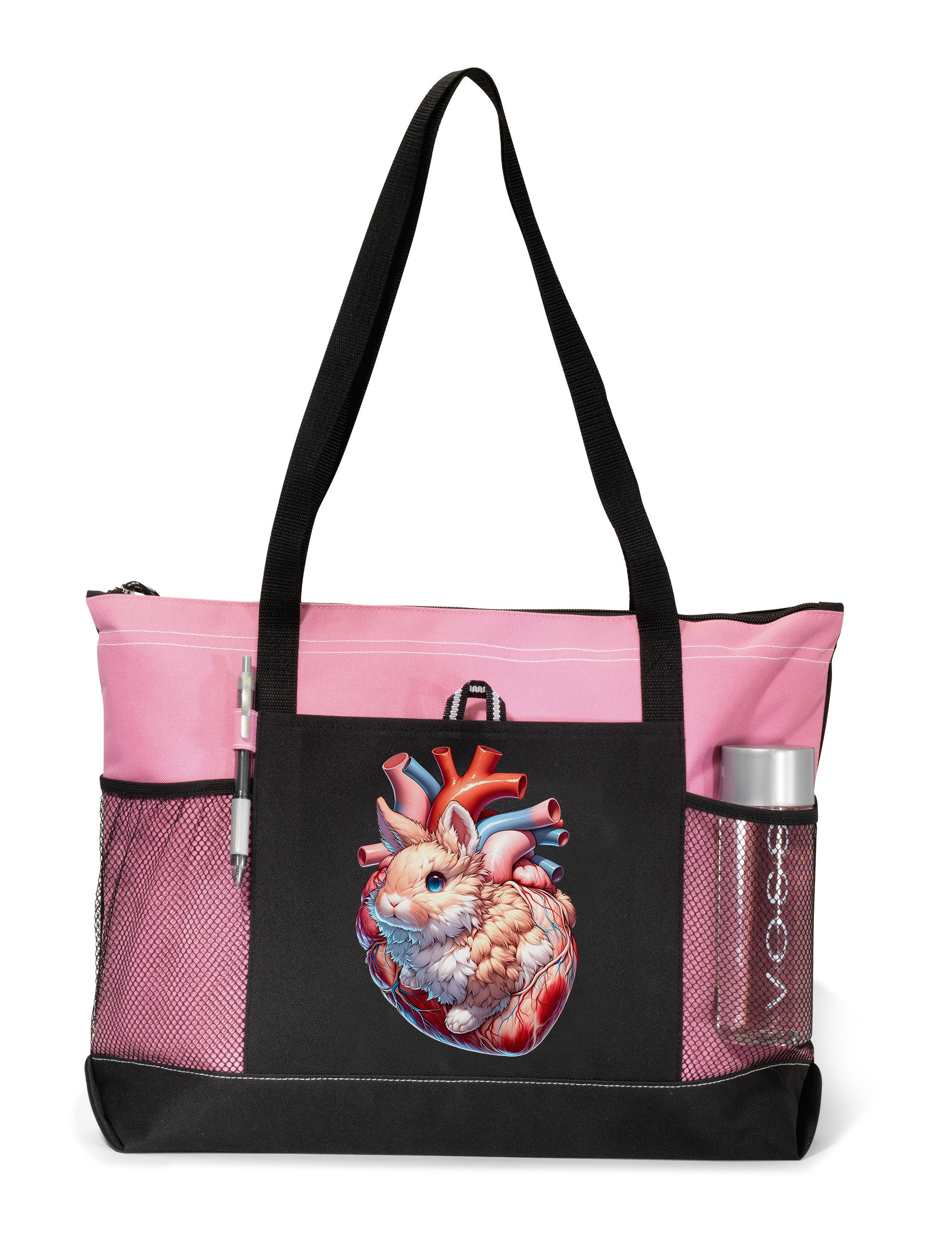 Bunny Heart Zippered Tote Bag Pink