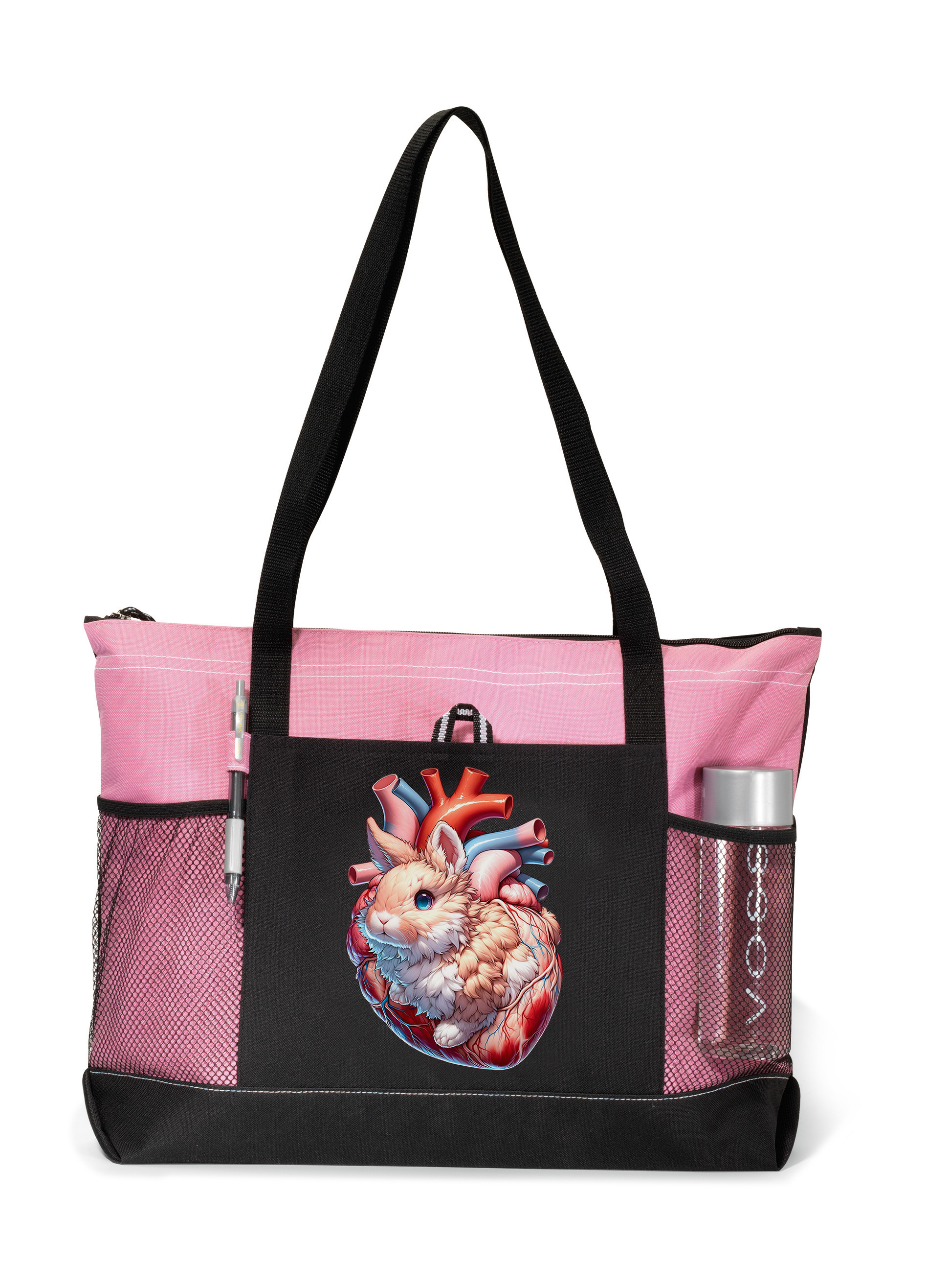 Bunny Heart Zippered Tote Bag Pink