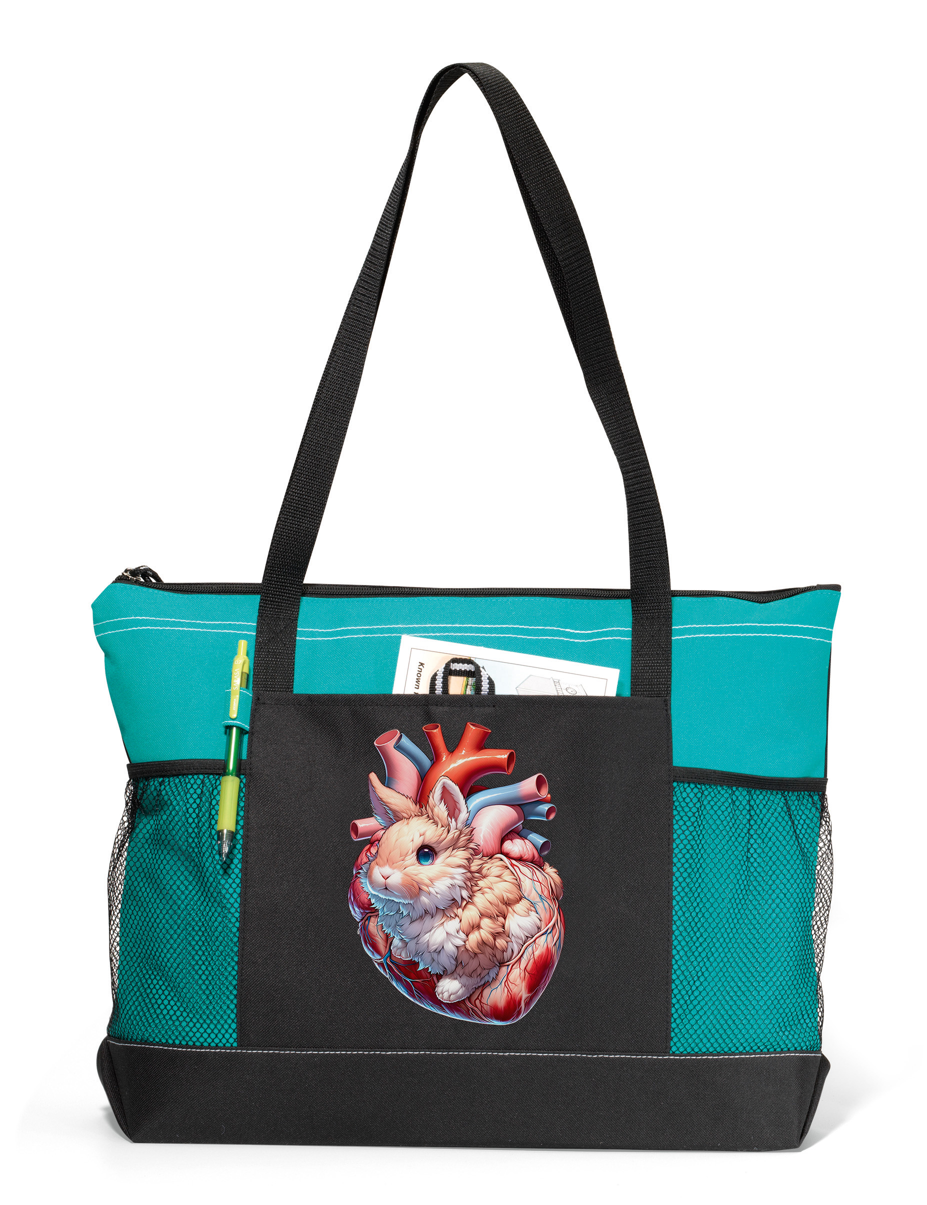 Bunny Heart Zippered Tote Bag Turquoise