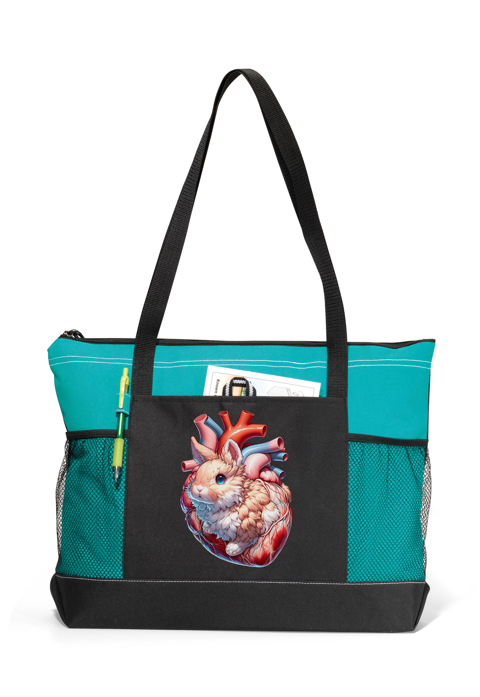 Bunny Heart Zippered Tote Bag Turquoise