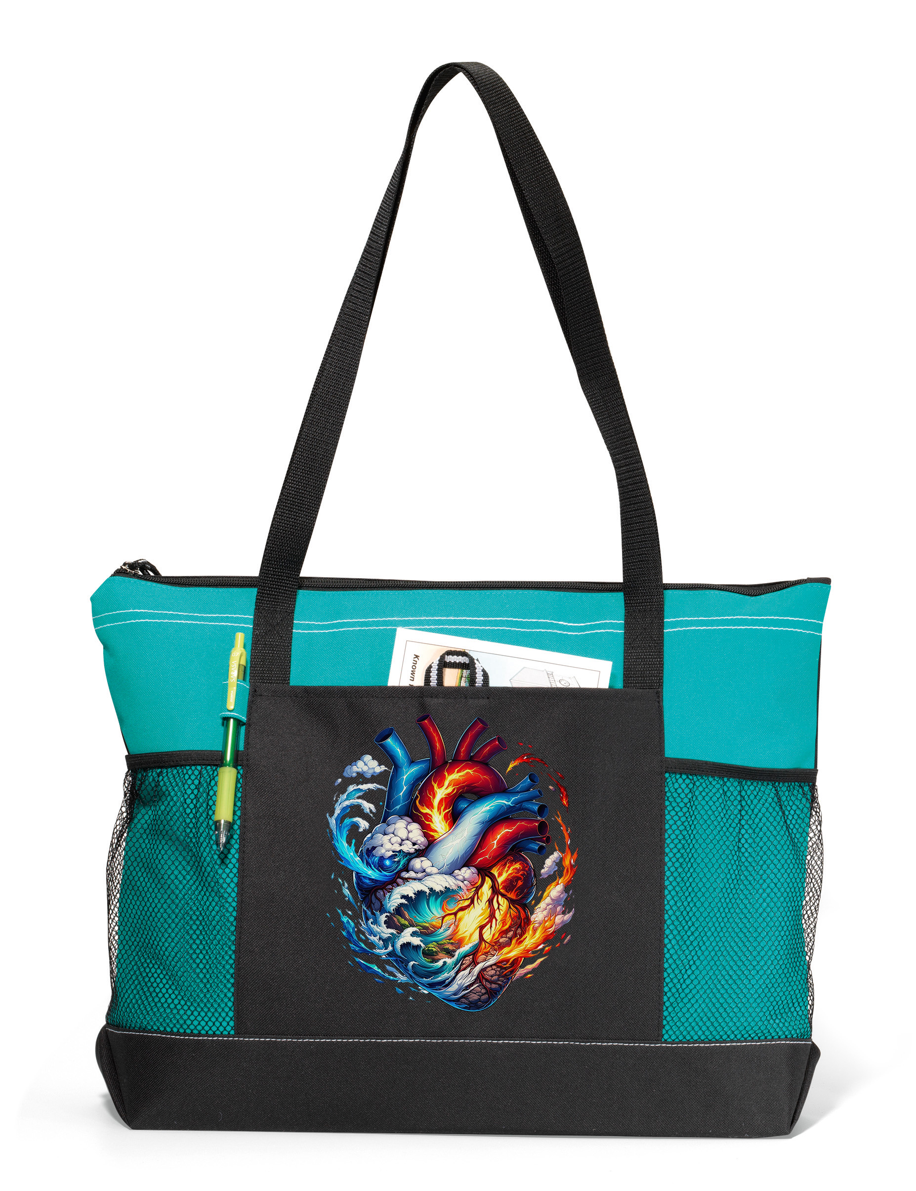 Elemental Heart Zippered Tote Bag Turquoise