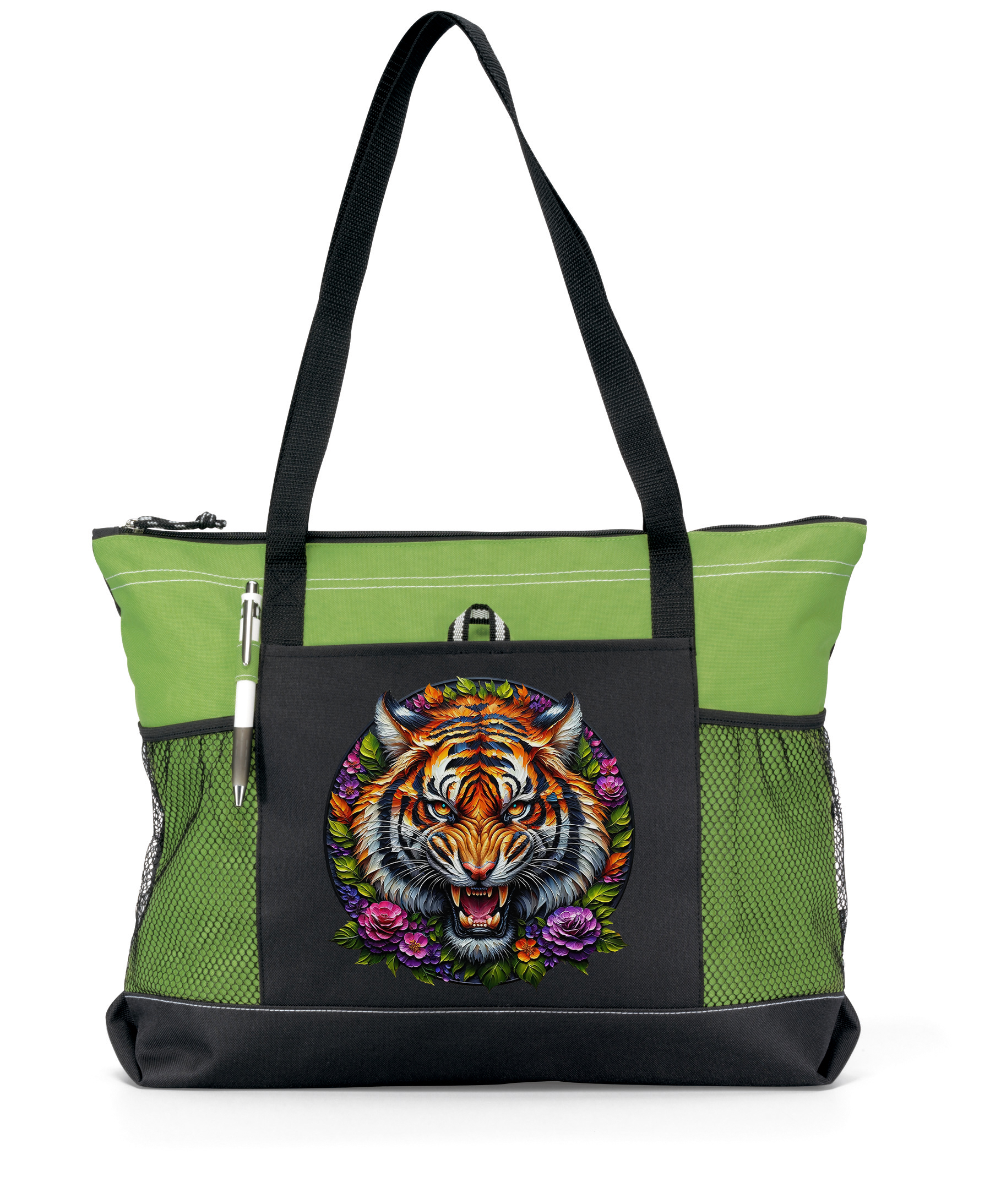 Fierce Tiger Zippered Tote Bag Green
