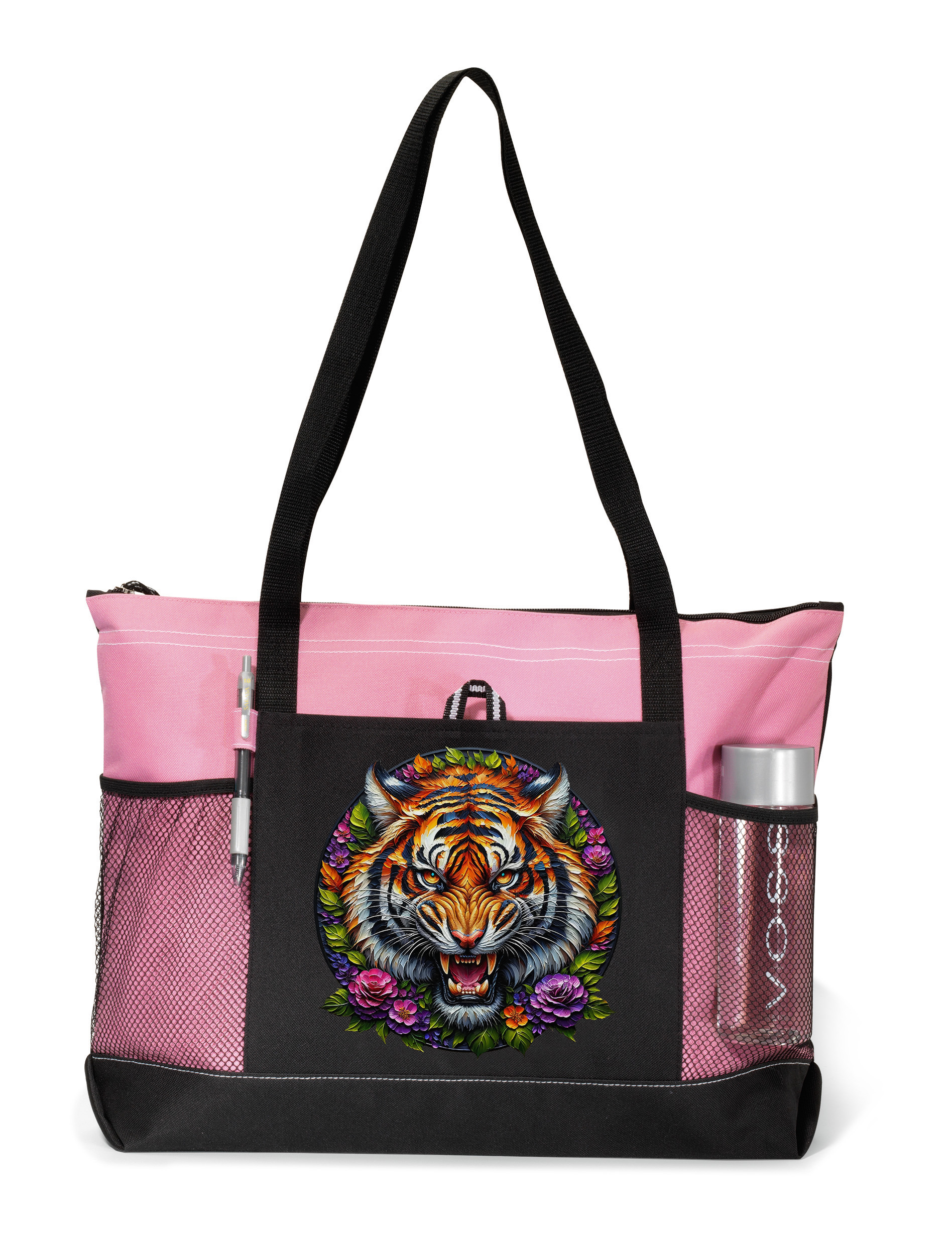 Fierce Tiger Zippered Tote Bag Pink