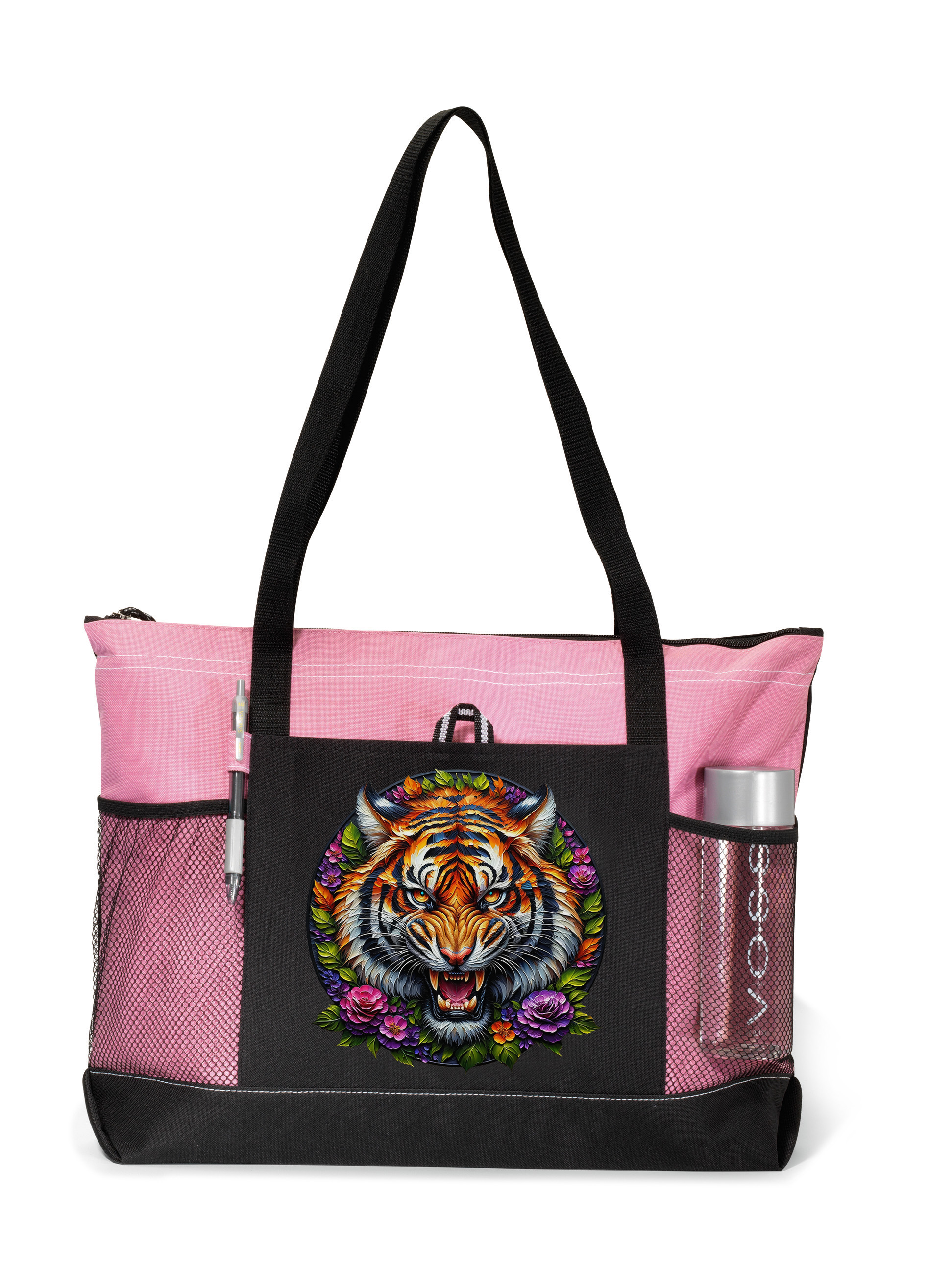 Fierce Tiger Zippered Tote Bag Pink
