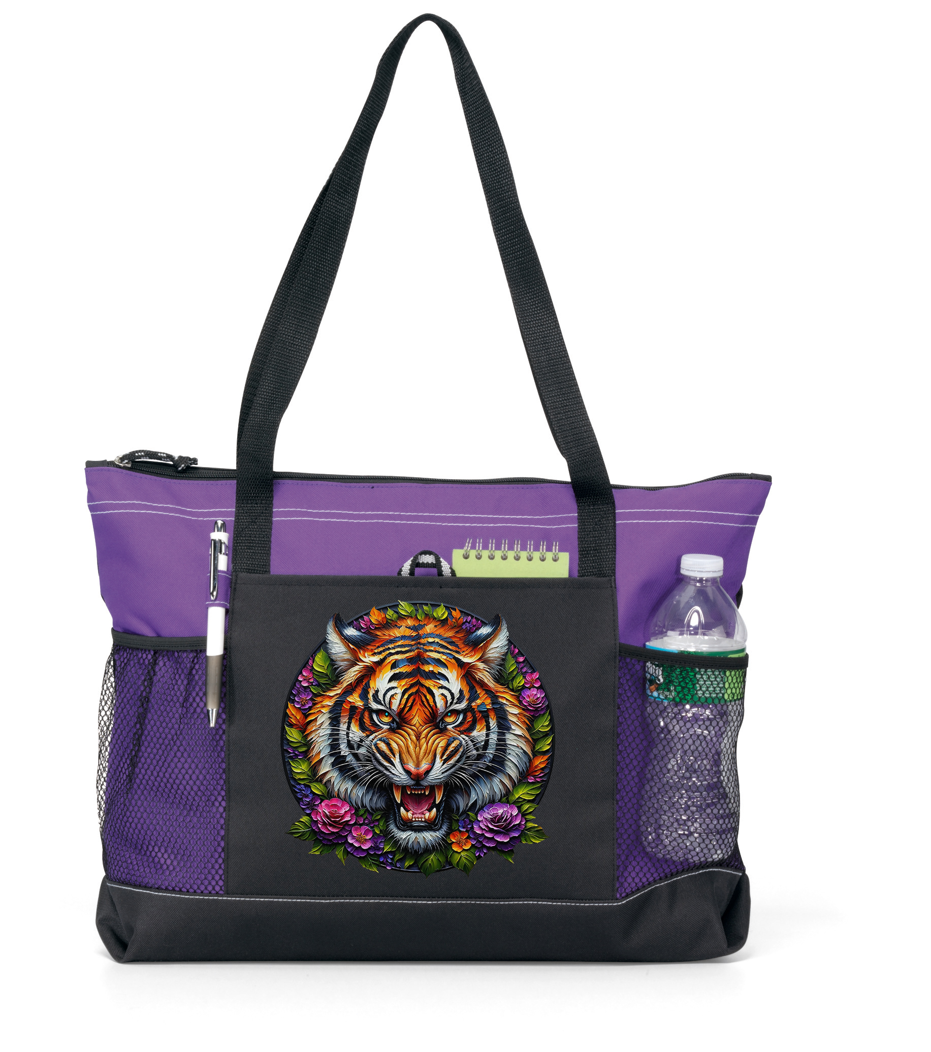 Fierce Tiger Zippered Tote Bag Purple