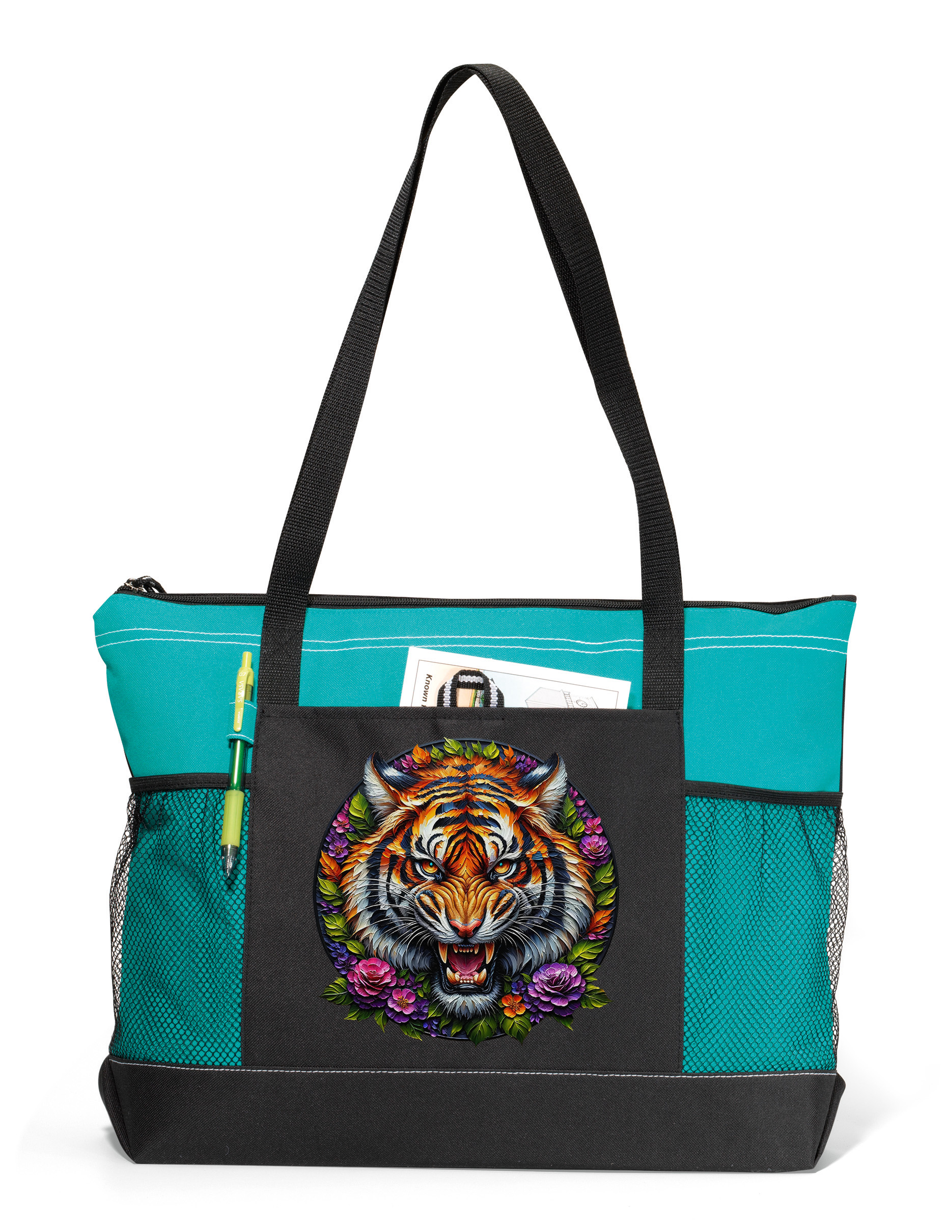 Fierce Tiger Zippered Tote Bag Turquoise