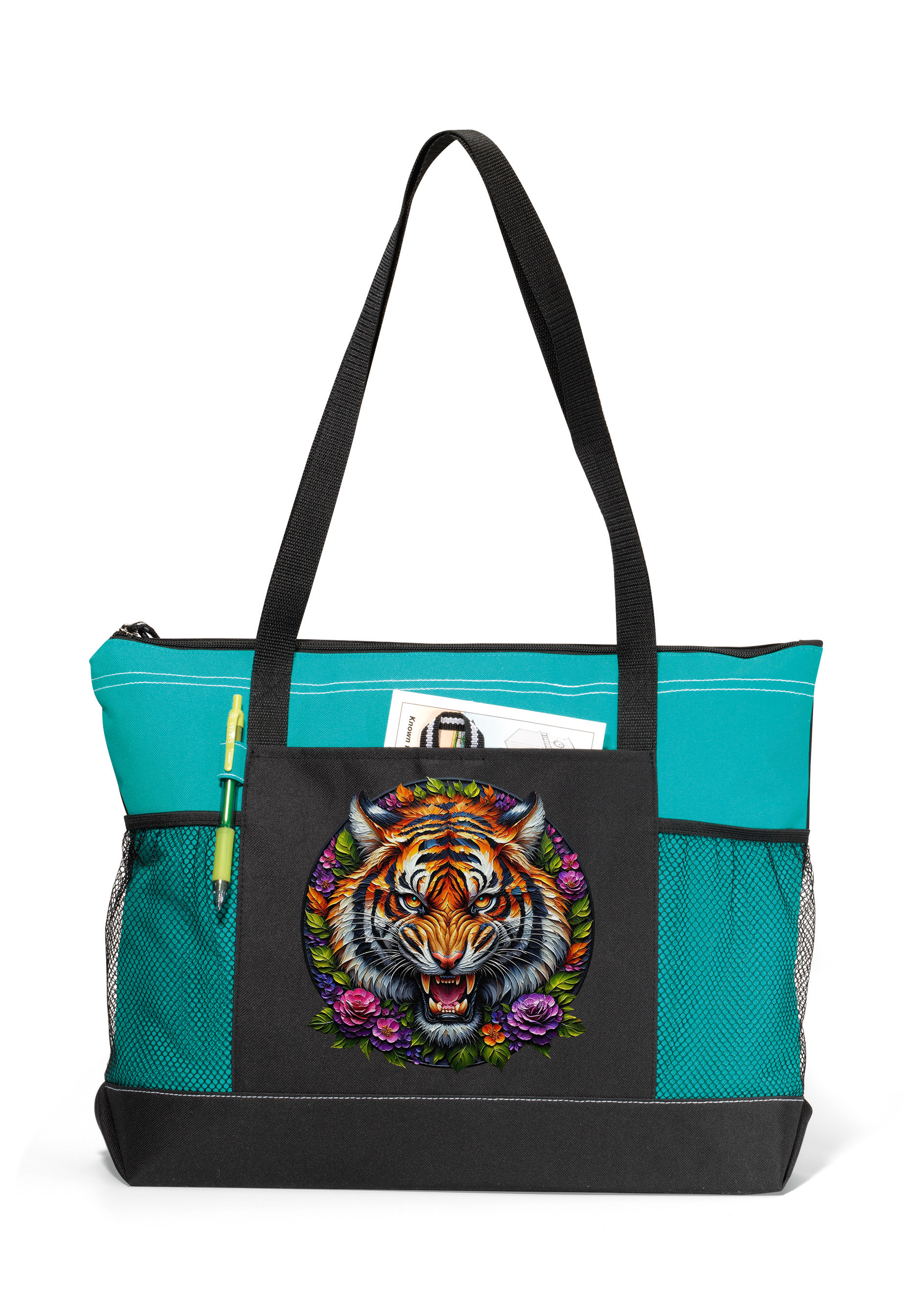 Fierce Tiger Zippered Tote Bag Turquoise