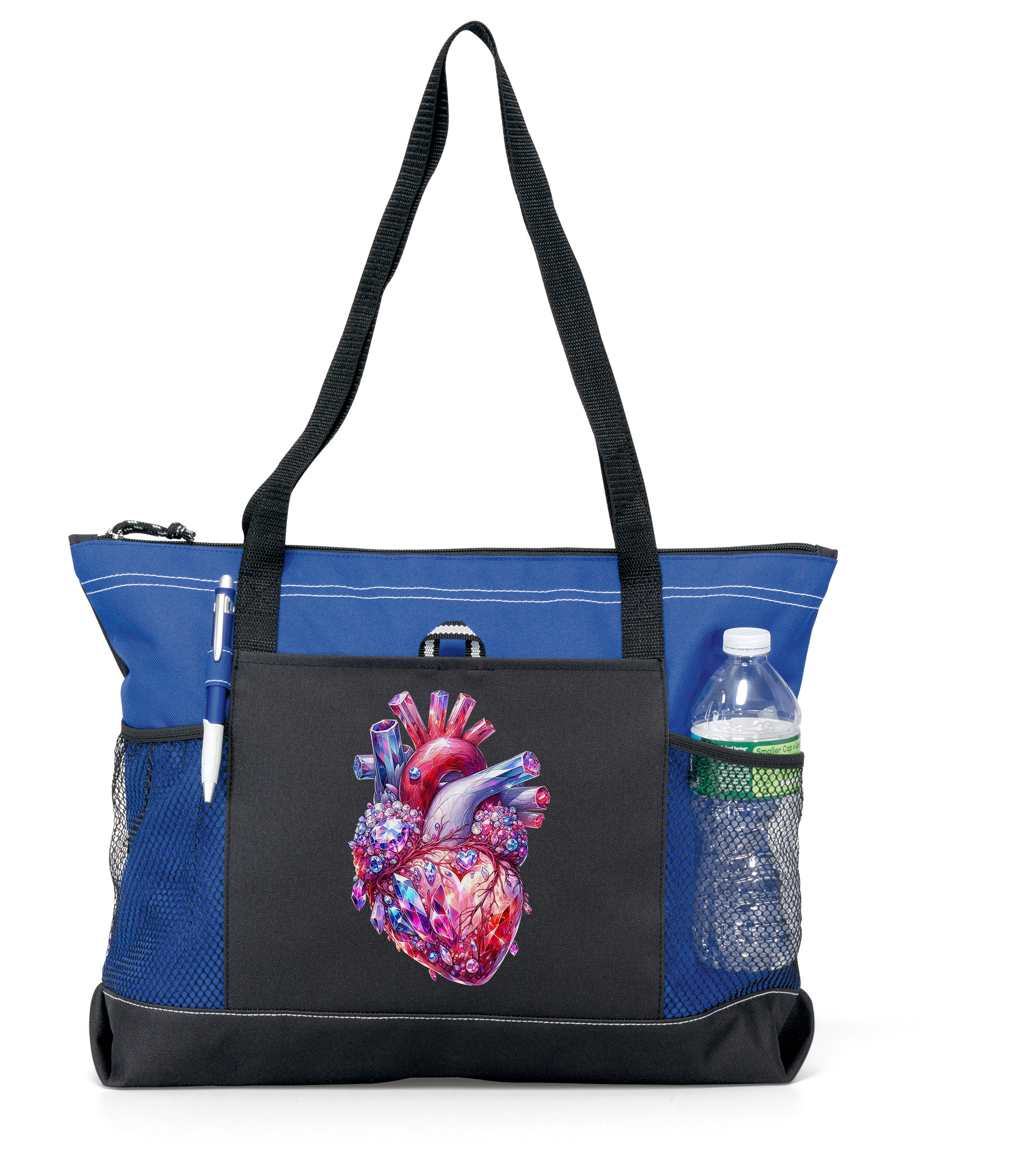 Gemstone Heart Zippered Tote Bag Blue