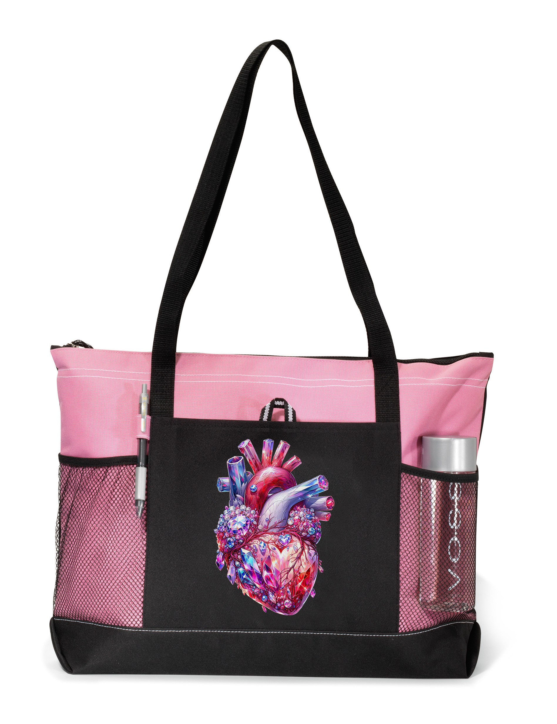 Gemstone Heart Zippered Tote Bag Pink