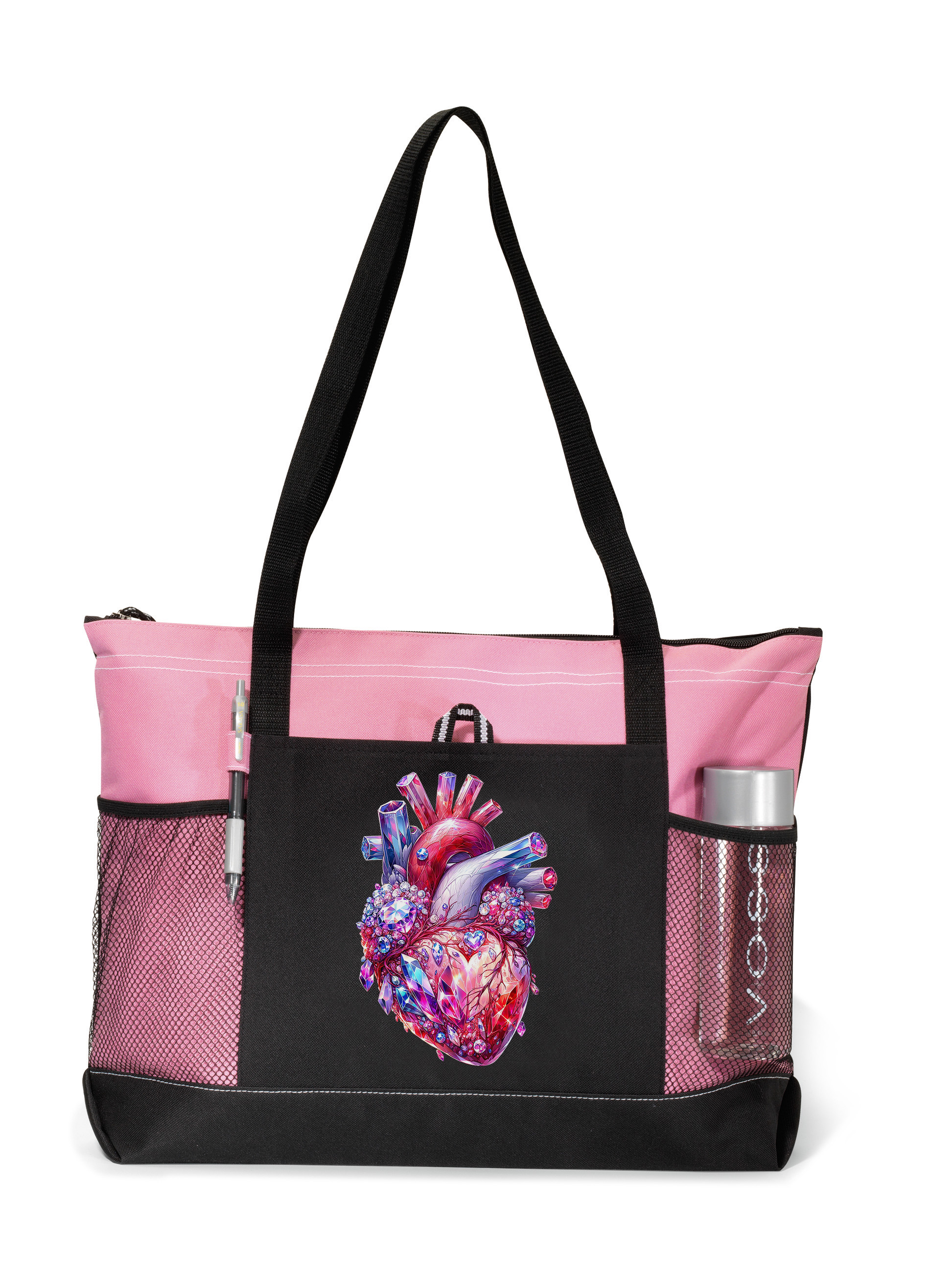 Gemstone Heart Zippered Tote Bag Pink
