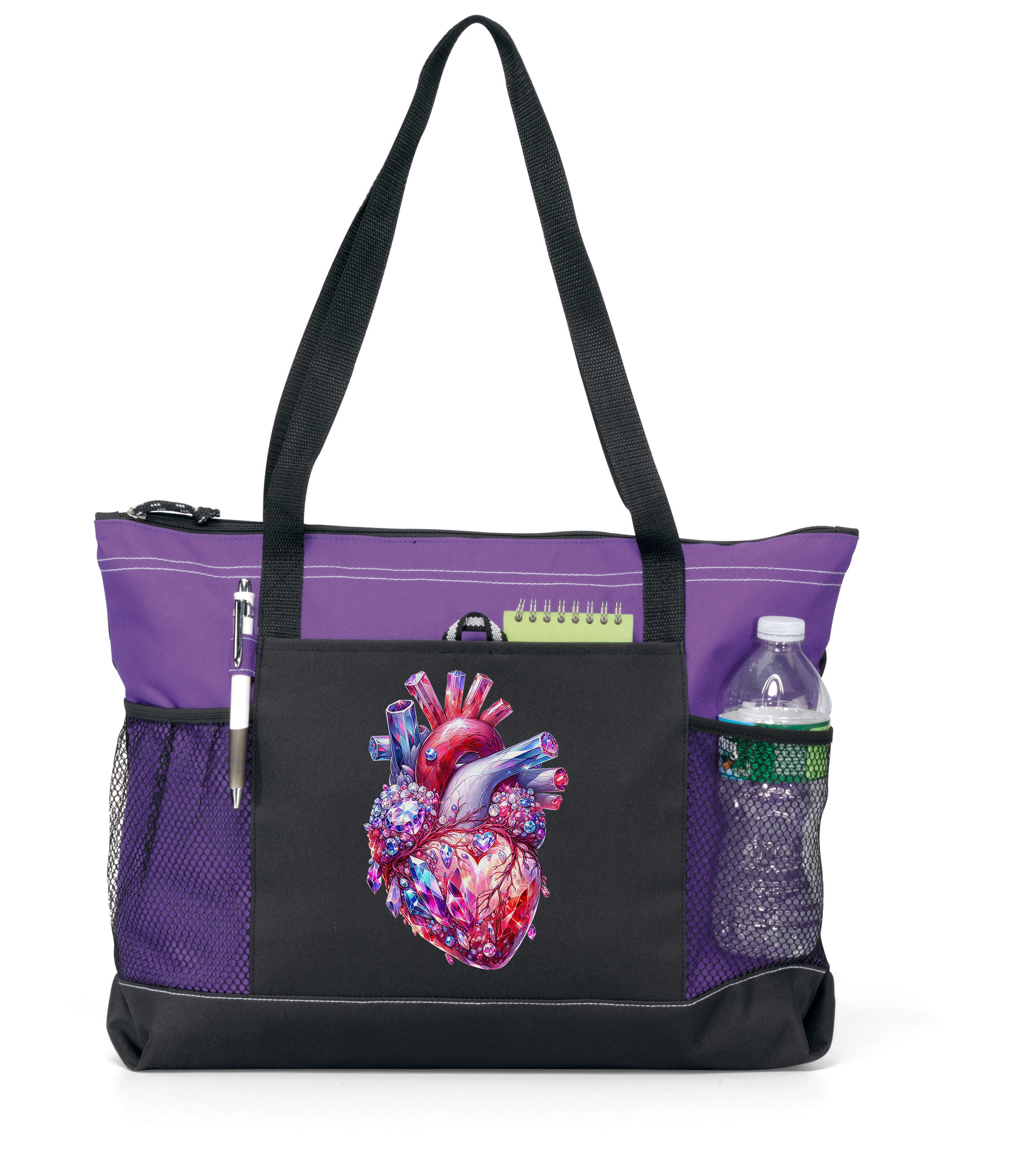Gemstone Heart Zippered Tote Bag Purple