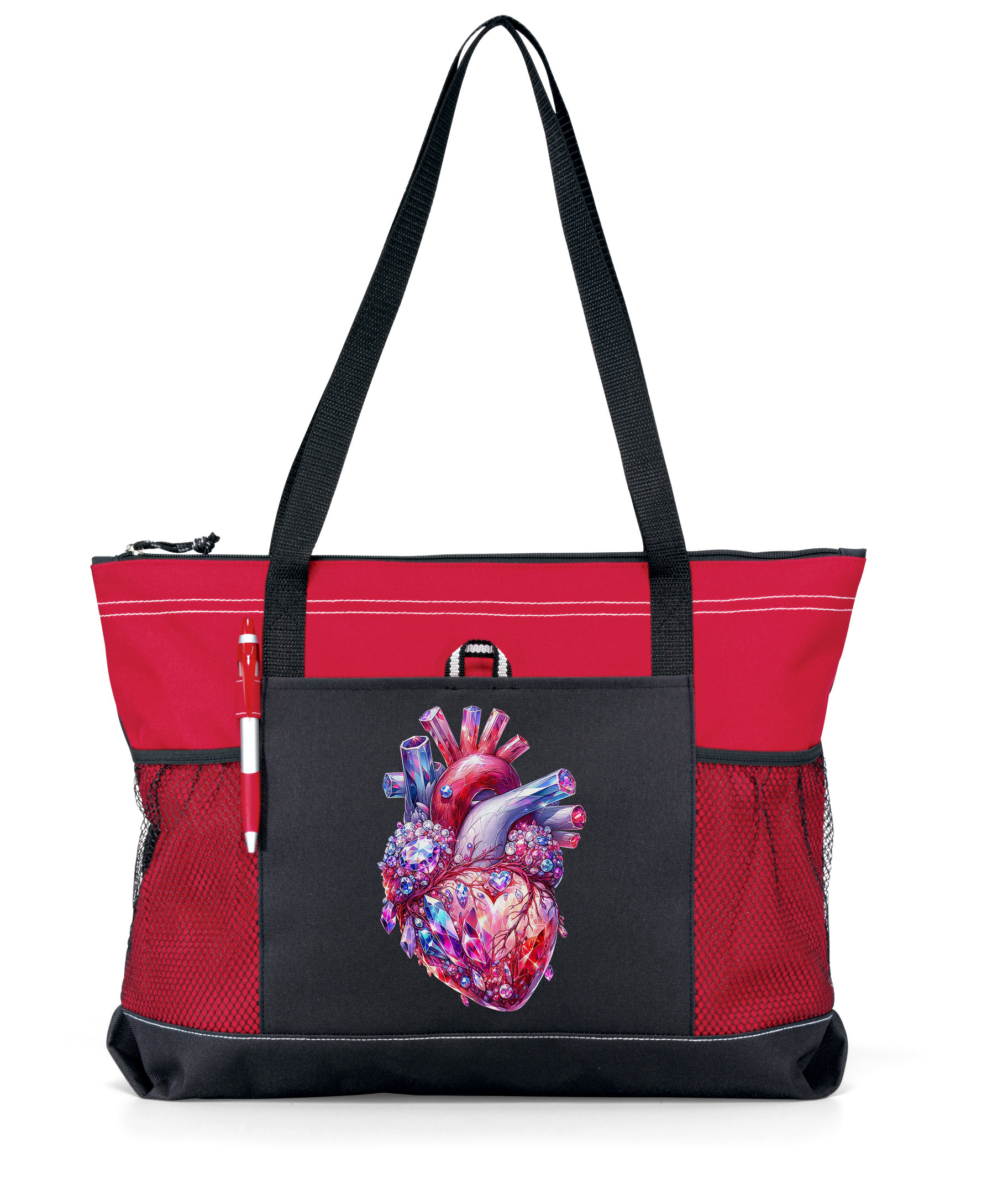 Gemstone Heart Zippered Tote Bag Red