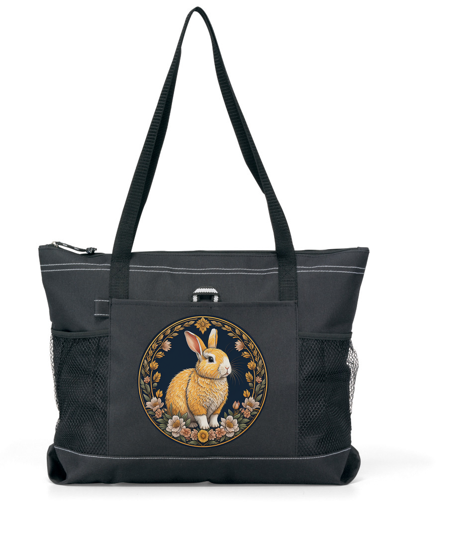 Orange Bunny Zippered Tote Bag Black