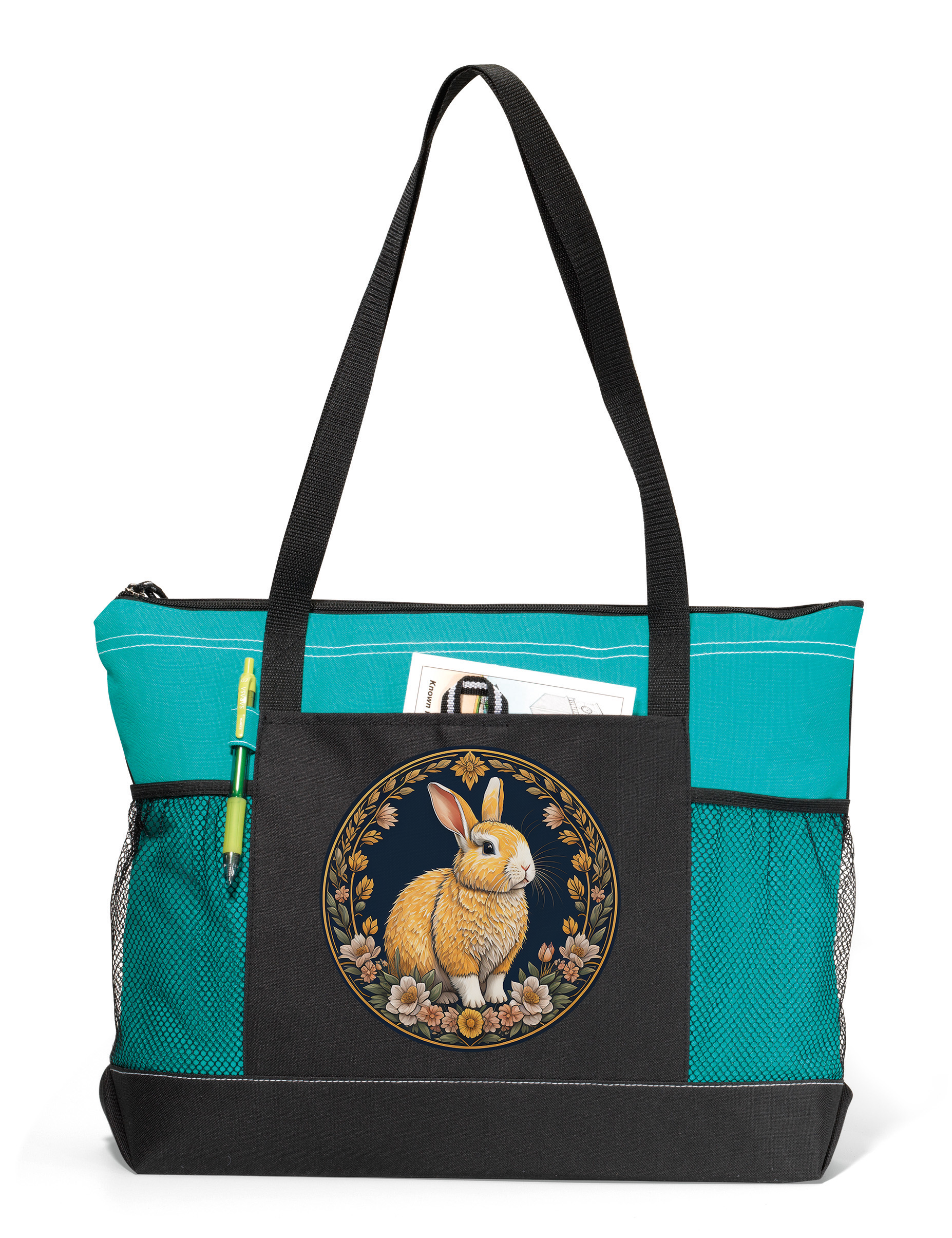 Orange Bunny Zippered Tote Bag Turquoise