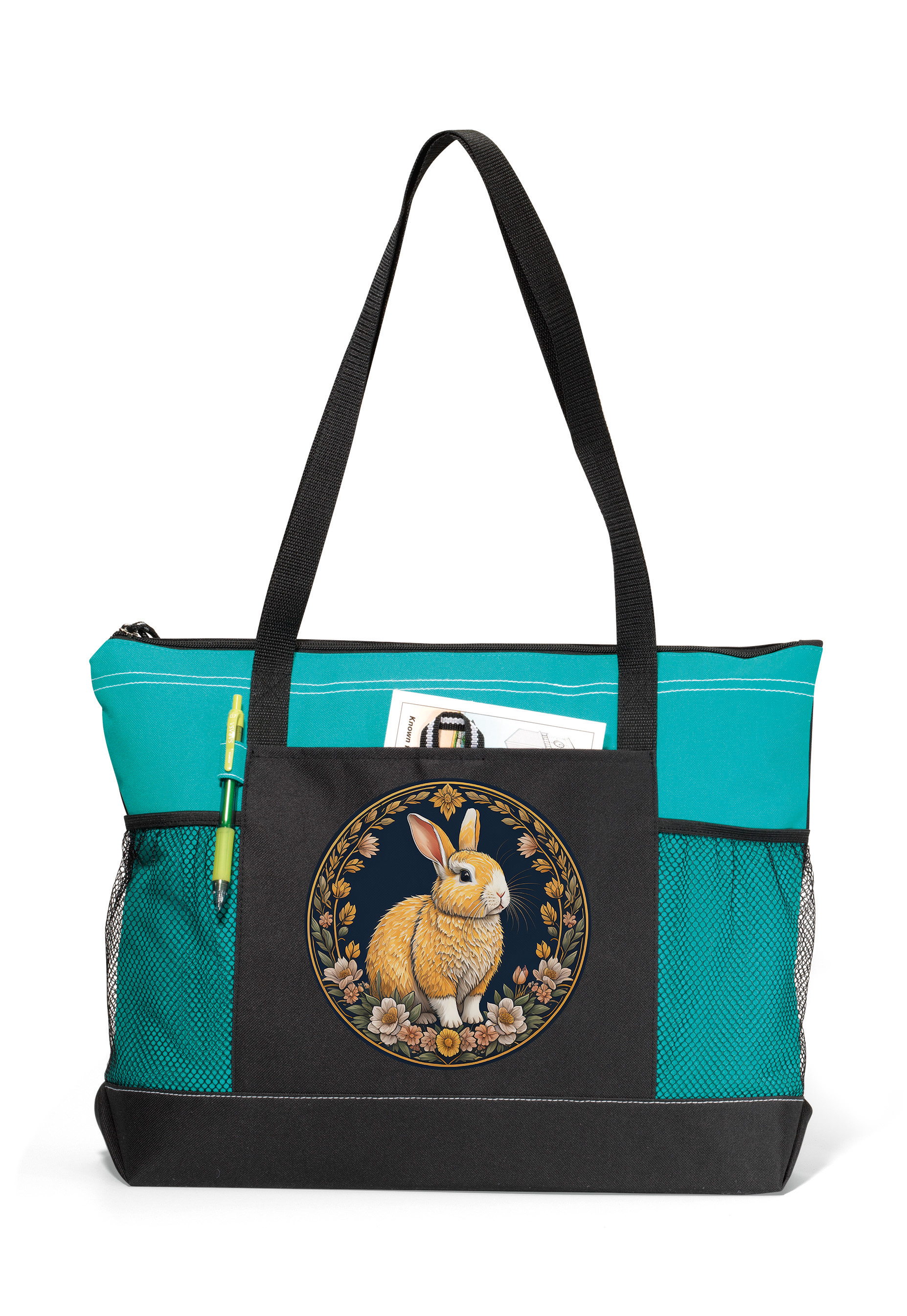 Orange Bunny Zippered Tote Bag Turquoise