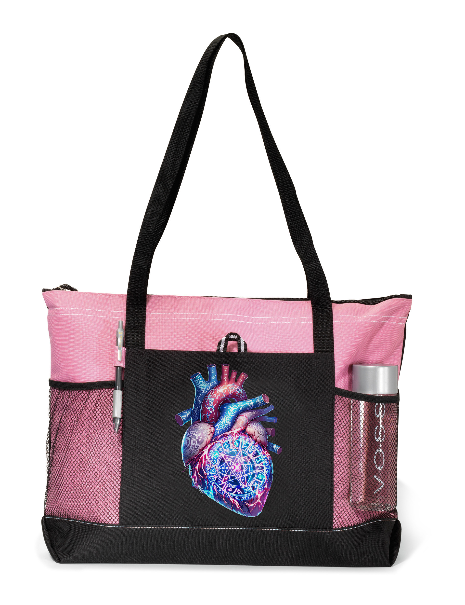 Runic Heart Zippered Tote Bag Pink