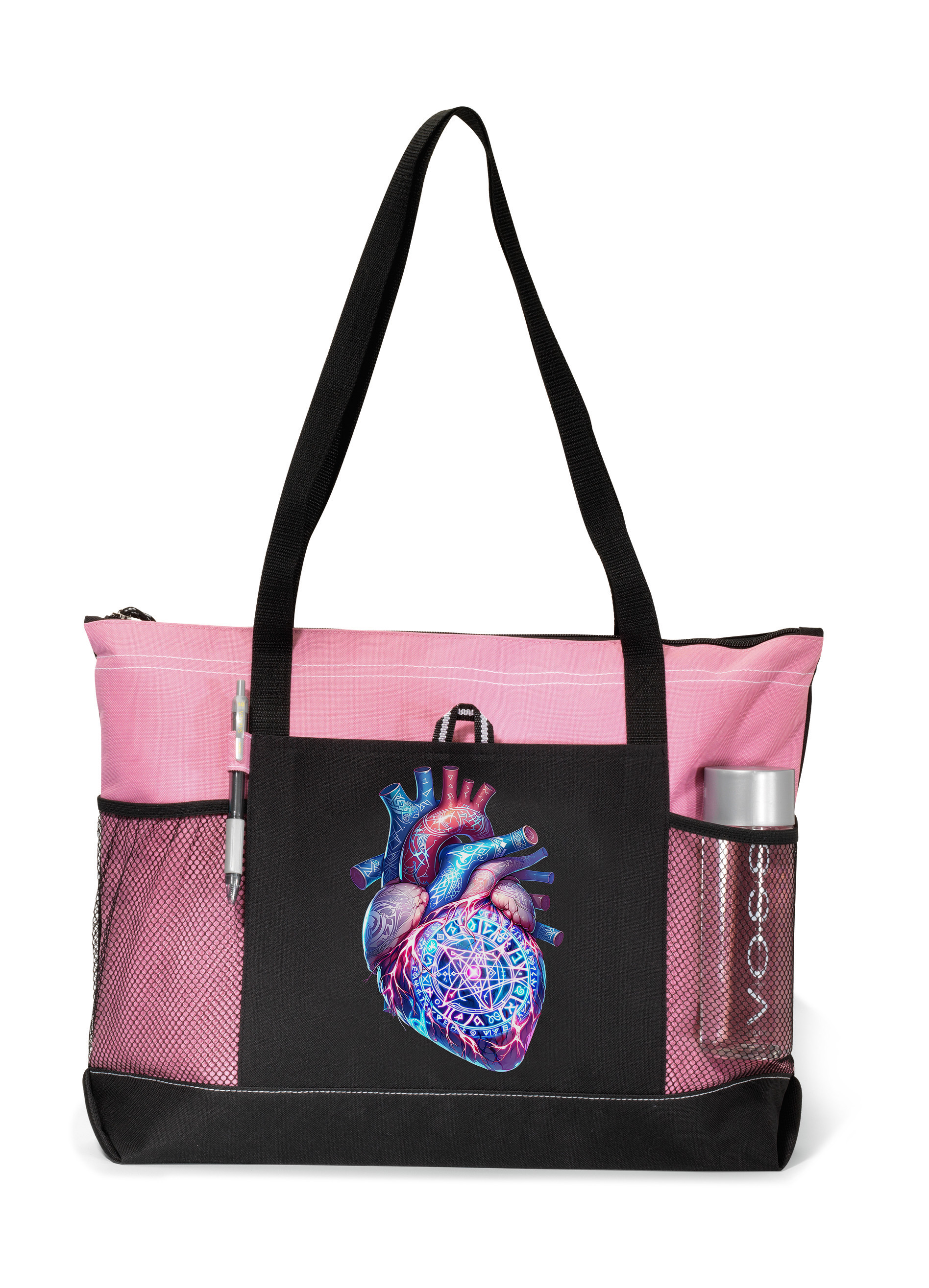 Runic Heart Zippered Tote Bag Pink