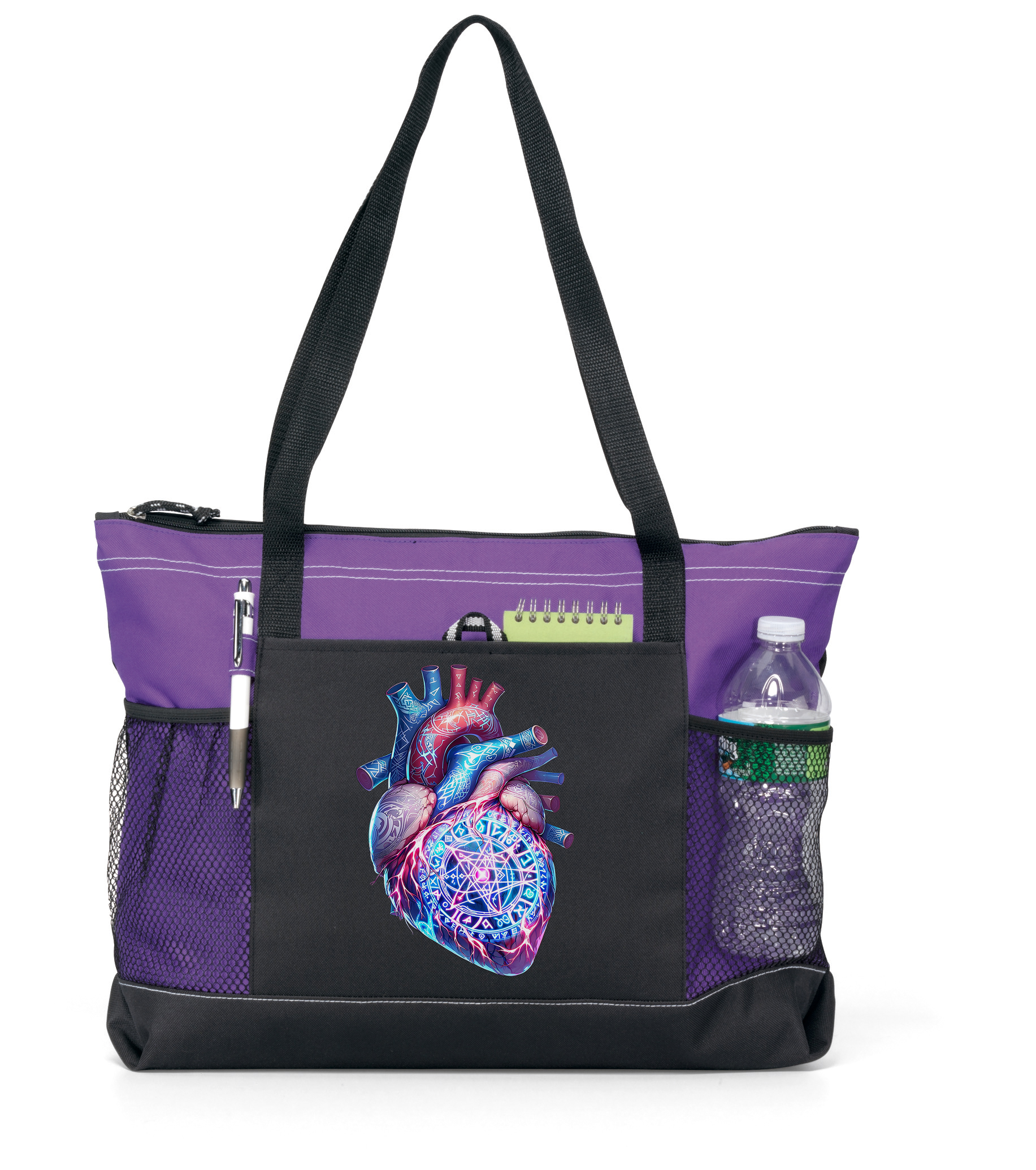 Runic Heart Zippered Tote Bag Purple