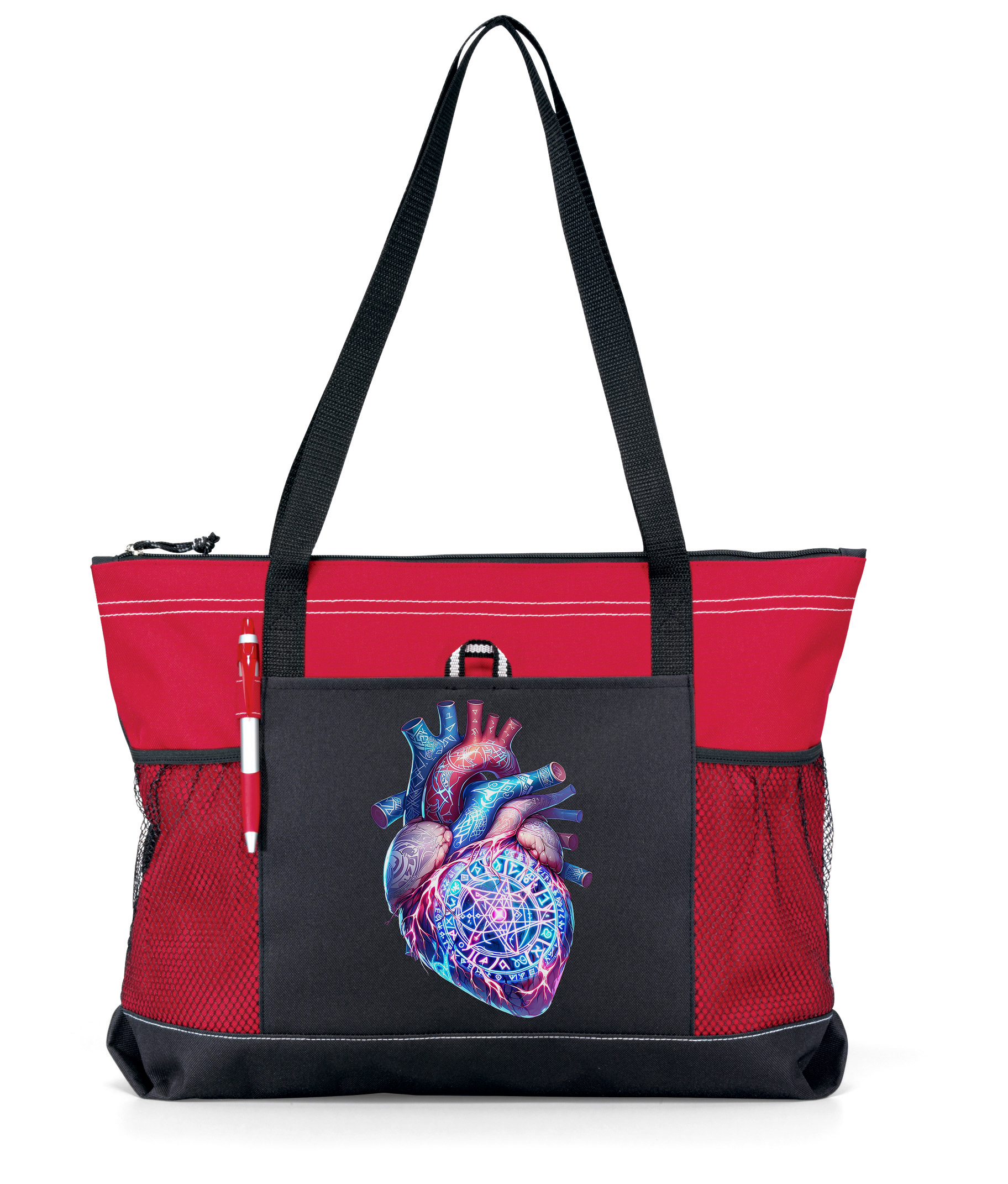 Runic Heart Zippered Tote Bag Red