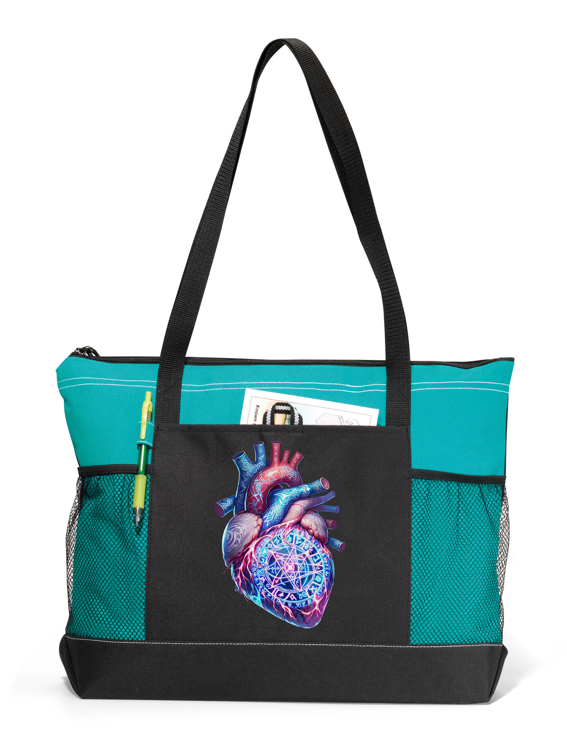 Runic Heart Zippered Tote Bag Turquoise