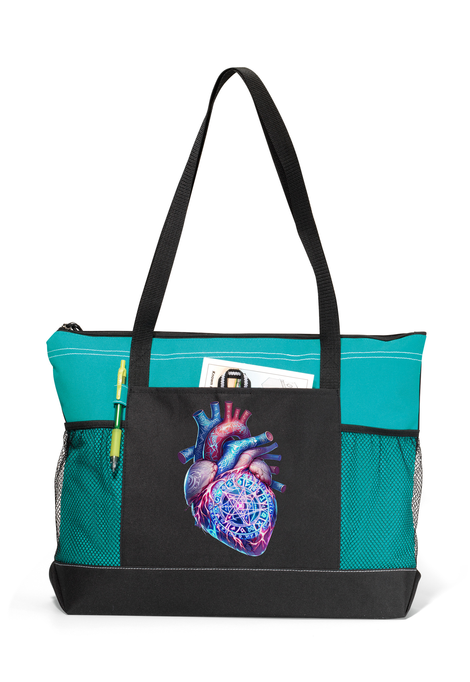Runic Heart Zippered Tote Bag Turquoise