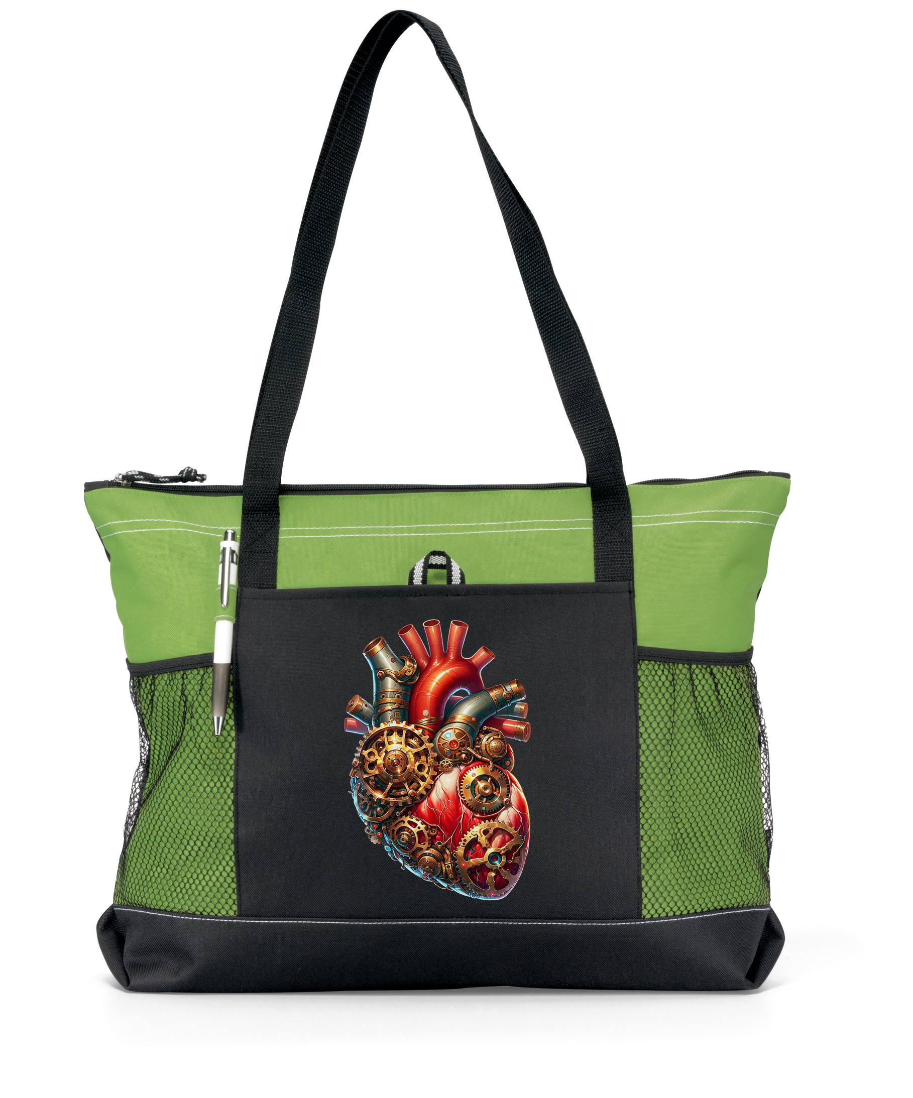 Steampunk Heart Zippered Tote Bag Green