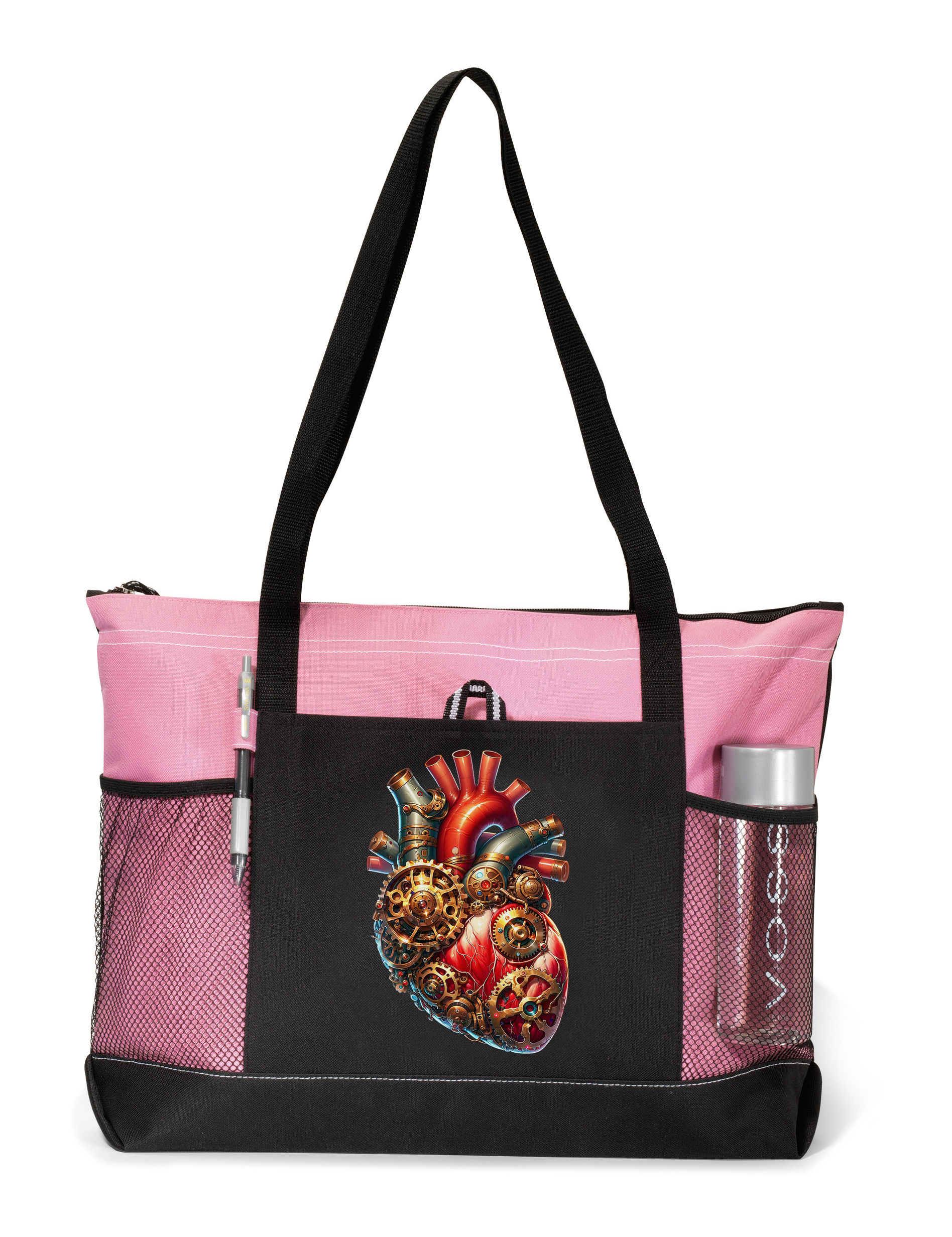 Steampunk Heart Zippered Tote Bag Pink