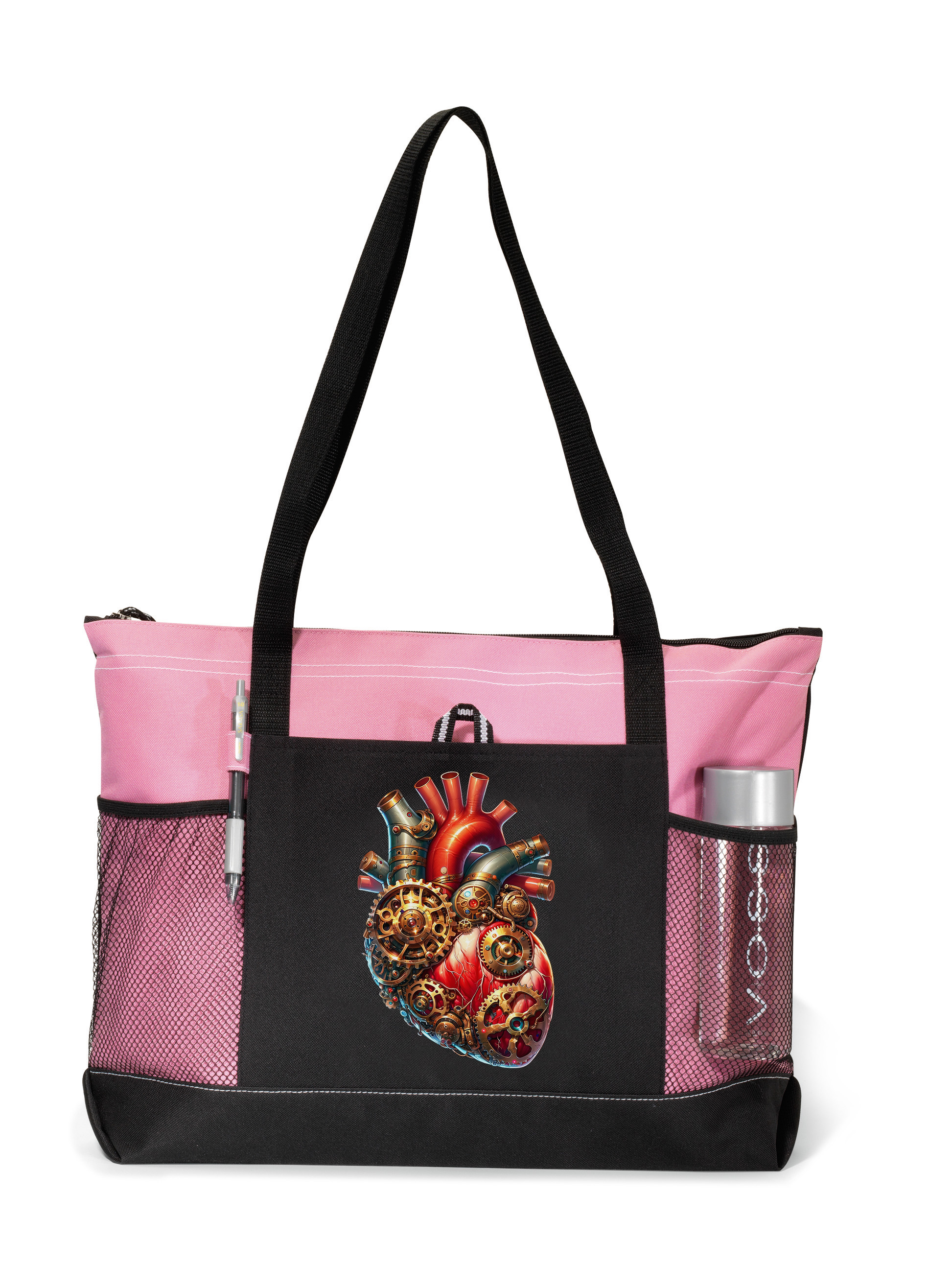 Steampunk Heart Zippered Tote Bag Pink