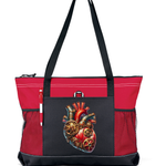 Steampunk Heart Zippered Tote Bag Red