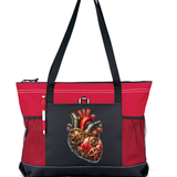 Steampunk Heart Zippered Tote Bag Red