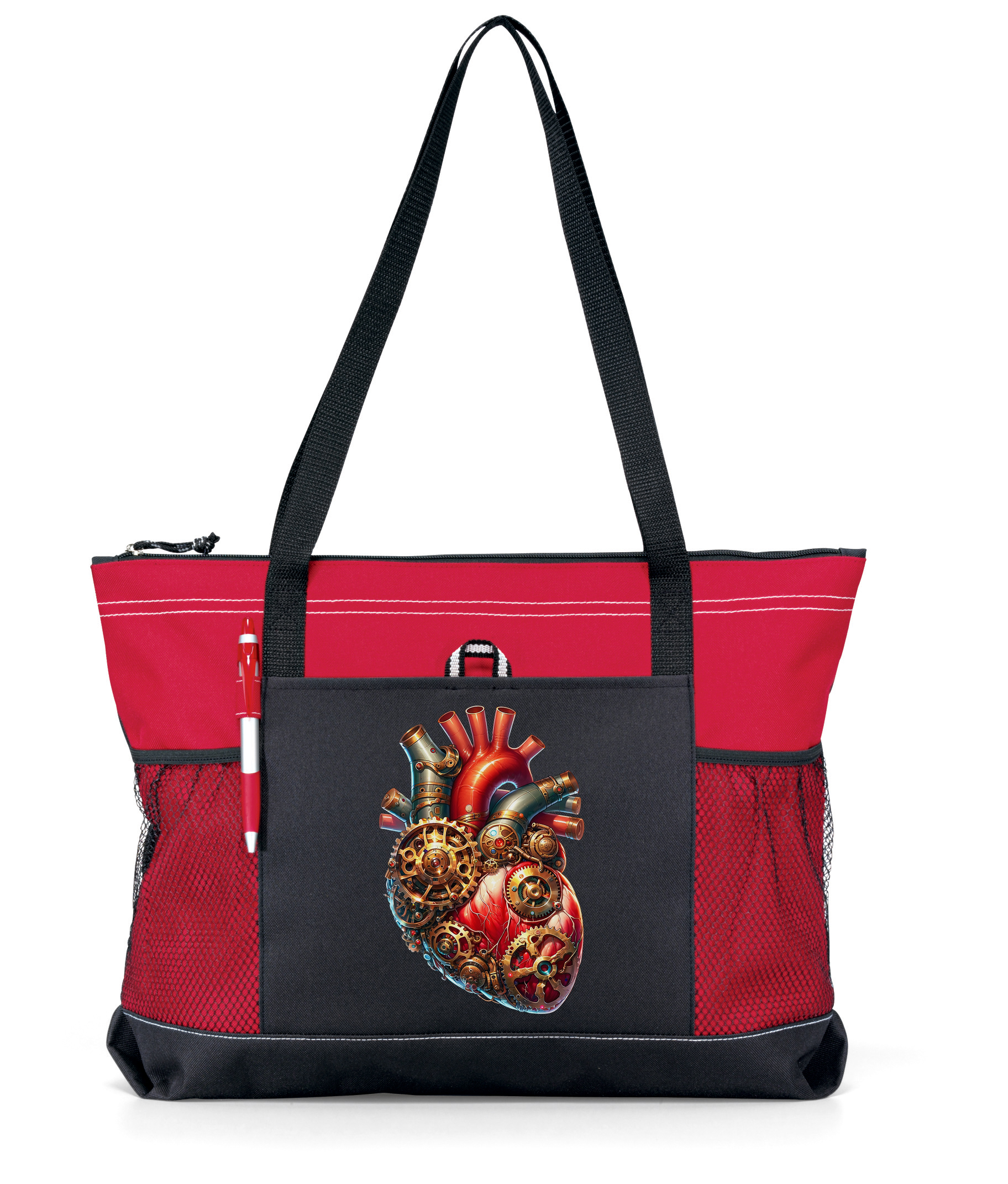Steampunk Heart Zippered Tote Bag Red