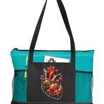 Steampunk Heart Zippered Tote Bag Turquoise