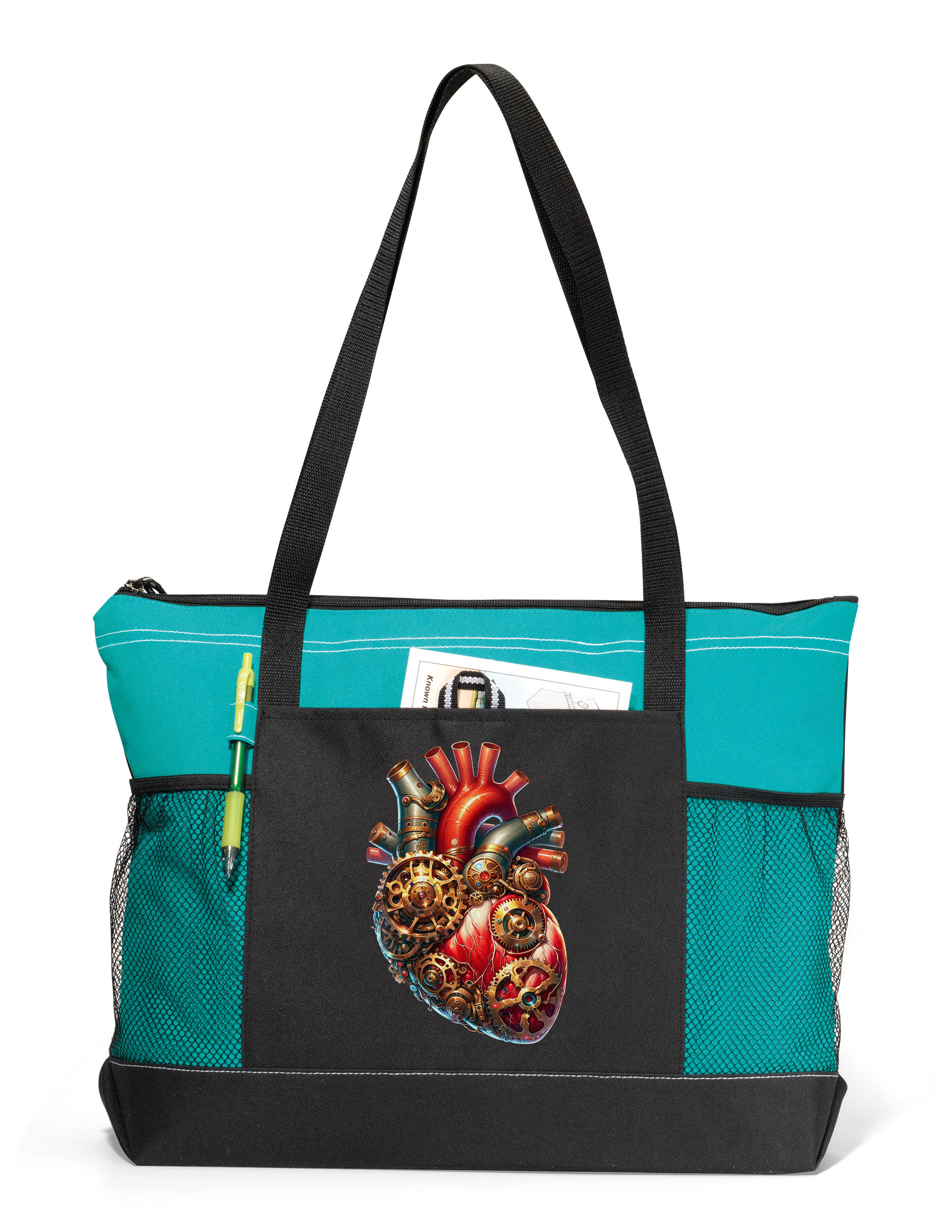 Steampunk Heart Zippered Tote Bag Turquoise
