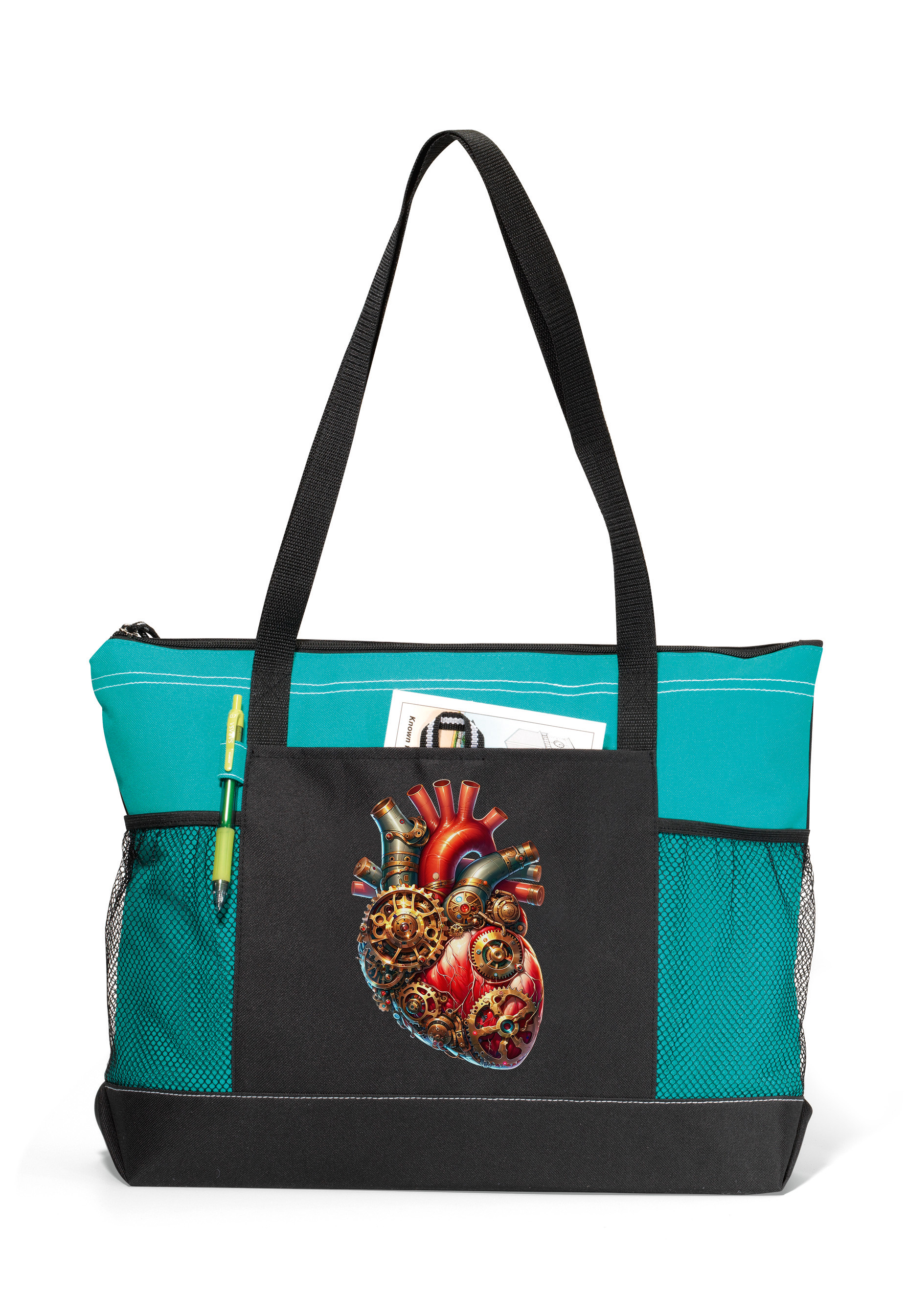 Steampunk Heart Zippered Tote Bag Turquoise